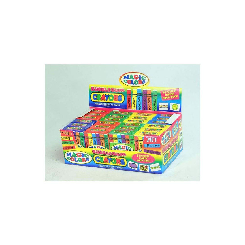 World's Magic Color Bubble Gum Crayons Packs with Stickers - 24 Ct. Case
